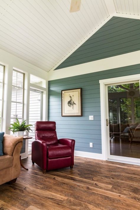 siding inside porch different than other part of house Siding Inside House, Inside Porch Ideas, Three Season Porch Ideas, Four Season Porch, 3 Season Porch Ideas, Coastal Sunroom, Cabin Update, All Season Porch, Porch Enclosure