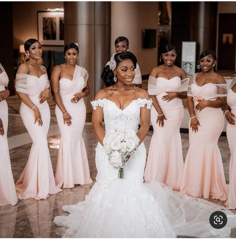 Bridesmaid Dress Color Schemes, Blue And Blush Wedding, Girls Bridesmaid Dresses, Wedding Dresses Blush, Blush Bridesmaids, Stylish Wedding Dresses, Black Couple, Wedding Picture Poses, Black Bride