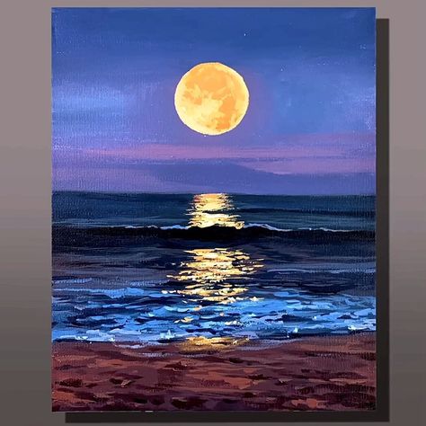 Full Moon Seascape Acrylic Painting | Full Moon Seascape Acrylic Painting Color used : Titanium white, Black, Primary Blue, Primary Red, Cadmium Yellow Medium, Deep Green #art #artist... | By El Drawing Arts | Facebook Yellow Moon Painting, Seascape Acrylic Painting, Moon Texture, Drawing Arts, Cadmium Yellow, Yellow Moon, Watercolor Architecture, Acrylic Landscape, Cute Canvas Paintings