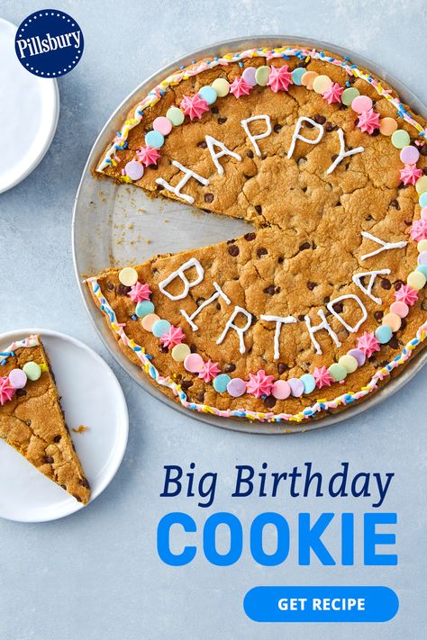 Searching for birthday cake ideas? Skip the cake, and try your hand at a really, really big cookie recipe. Our Big Birthday Cookie uses only 3 ingredients including Pillsbury chocolate chip cookies, decorating icing, and sprinkles of your choice. Chewy, yummy, and easy, this giant cookie is both the perfect treat and birthday present. 30th Birthday Cookies, Pillsbury Cookie Dough, Birth Cakes, Pillsbury Cookies, Decorating Icing, Giant Chocolate Chip Cookie, Raw Cookie Dough, Pillsbury Recipes, Birthday Cookie