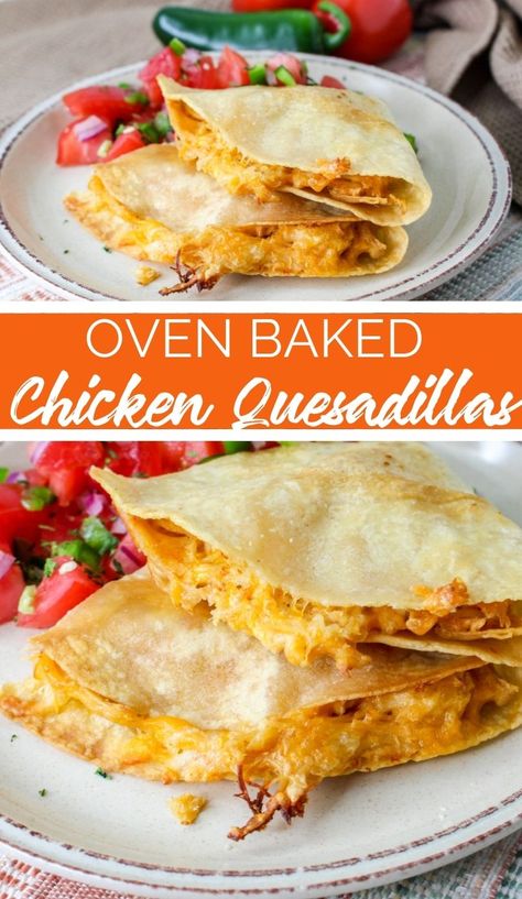 This Baked Chicken Quesadillas are made with yummy flour tortillas, brushed with melted butter, and loaded with a mixture of chicken, cheese, and sour cream! Baked Chicken Tortillas, Chicken Quesadilla Casserole Recipes, Chicken Quesadillas Oven Baked, Chicken And Flour Tortilla Recipes, Baked Quesadilla Oven, Chicken Quesadilla Recipe Easy, Baked Chicken Quesadilla, Rice Casseroles, Cheesey Chicken