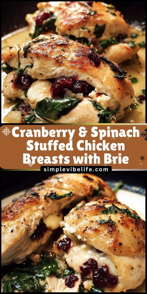 Savor the gourmet taste of our Cranberry & Spinach Stuffed Chicken Breasts with Brie! This easy-to-follow recipe features juicy chicken breasts filled with a delightful mixture of creamy Brie, fresh spinach, and sweet cranberries, perfect for any occasion. Elevate your dinner parties or weeknight meals with this impressive and delicious dish! Nye Dinner, Gourmet Chicken, Stuffed Chicken Breast Spinach, Stuffed Chicken Breasts, Cranberry Chicken, Stuffed Chicken Breast, Artichoke Recipes, Comfort Food Recipes Dinners, Fresh Spinach