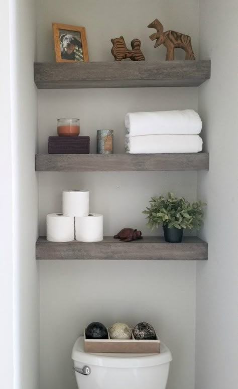 Floating Bathroom Shelves, Easter Entryway, Small Downstairs Toilet, Shelves Above Toilet, Toilet Room Decor, Bilik Air, Toilet Shelves, Small Toilet Room, Floating Shelves Bathroom