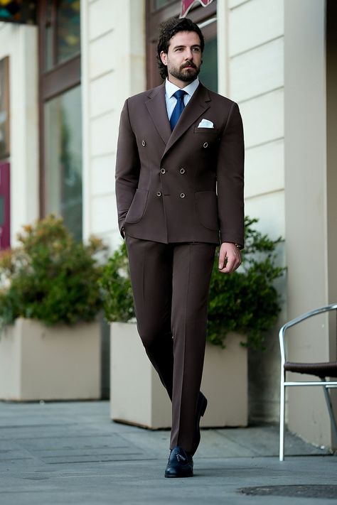 Revamp your wardrobe with this brown double-breasted suit, where vintage elegance meets modern finesse. Its striking design makes it a must-have for today’s well-dressed man.  #browndoublebreastedsuit #modernclassicsuit #tailoredmenswear #effortlesssophistication #elevatedstyle #boldmensfashion #refinedgentleman #heritageandmodern #menswardrobeessentials #luxurytailoring Brown Double Breasted Suit, Bow Tie Suit, Mens Wardrobe Essentials, Modern Fit Suit, Suit Styles, Suit Stores, Slim Fit Suit Men, Tuxedo Blazer, Slim Fit Suits