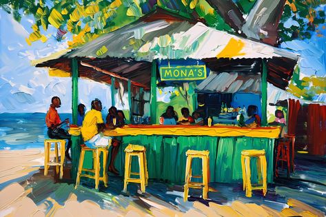 Jamaica Print of Beach Bar Art Caribbean Wall Decor Art Mona's Beach Bar Caribbean Wall Art, 3d Beach Art, West Indies Art, Jamaica Art, Triangle Park, Beach Shacks, Print Techniques, Real Painting, Caribbean Homes