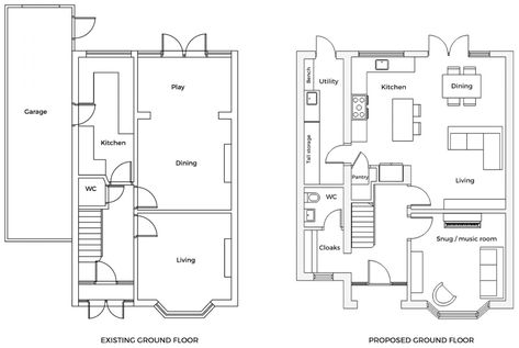 Side and rear extension keeping kitchen in original position. Includes floorsplans of all three floors. Blog has renovation photos. 1930s Floor Plans, 1930s House Extension Floorplan, Extension Floorplan, Semi Extension, Floorplan Inspiration, 1930 House, Wraparound Extension, Layout House, Bungalow Remodel