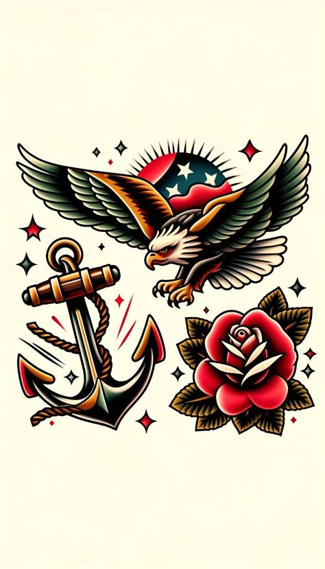 old school tattoo American Traditional Sunset Tattoo, Usa Traditional Tattoo, American Traditional Lettering, American Traditional Eagle Tattoo, Unique American Traditional, Unique American Traditional Tattoo, Traditional Nautical Tattoo, Traditional Anchor Tattoo, Traditonal Tattoo