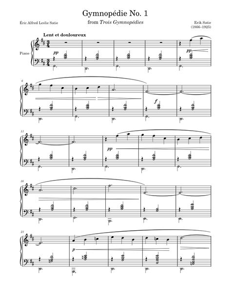 Gymnopedie No.1 Sheet Music, Erik Satie - Gymnopédie No.1, Gymnopedie No.1 Piano, Gymnopedie No.1, Eric Satie, Popular Piano Sheet Music, Piano Sheet Music Letters, Music Printables, Composition Writing