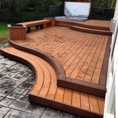 Patio Railings, Curved Deck, Outdoor Living Deck, Hot Tub Patio, Hot Tub Deck, Hot Tub Backyard, Patio Deck Designs, Deck Designs Backyard, Outdoor Kitchen Patio