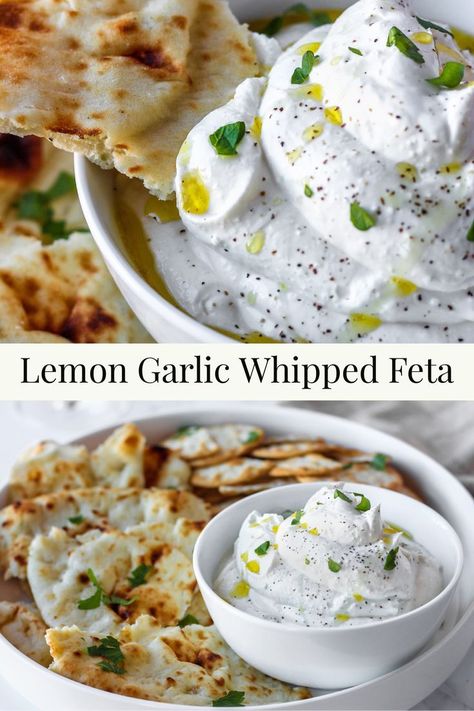 Spreads For Naan Bread, Feta Sour Cream Dip, Easy Fresh Appetizers, 2 Course Dinner Ideas, Garlic Whipped Feta Dip, Appetizer Using Feta Cheese, Fresh Pita Bread, Greek Whipped Feta Dip, Lemon Curd Appetizer