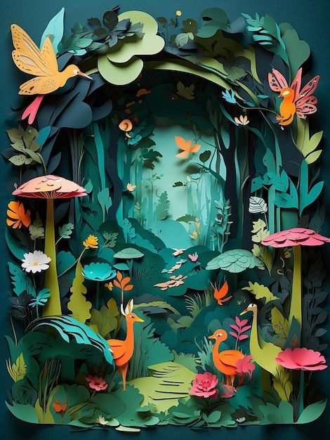 Enchanting Mystical Forest Collage Fairies Animals and Magical Creatures in Vector Paper Art Mystical Forest Illustration, 2d Paper Art, Paper Layering Art, Tree House Illustration, Forest Graphic Design, Forest Mystic, Forest Collage, Magical Illustration, Arte Pop Up