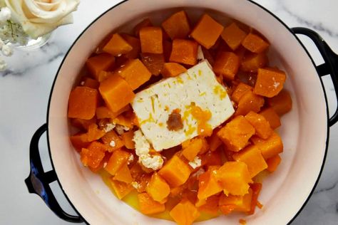 Roasted Butternut Squash Soup with Feta - Food Dolls Butternut Squash Feta, Feta Soup, Savory Soup Recipes, Single Serve Meals, Frozen Butternut Squash, Food Dolls, Squash Vegetable, Butternut Squash Recipes Soup, Squash Soup Recipe