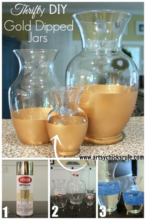 Easy DIY Gold Dipped Jars - TUTORIAL -  Thrift Store for $3.50 (compared to retail of $50) - #diy #golddipped artsychicksrule.com Gold Jars, Painted Candlesticks, Thrift Store Makeover, Diy Spray Paint, Thrifty Diy, Diy Gold, Thrift Store Crafts, Vase Crafts, Gold Home Decor