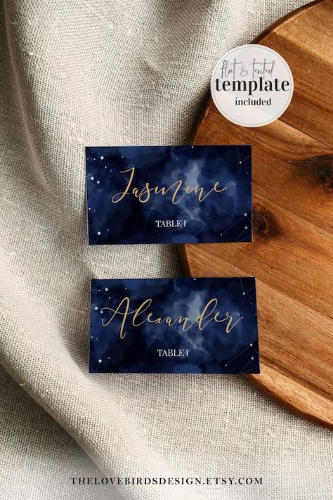 Celestial Place Card Wedding Decor for Starry Night Wedding | Etsy Australia Nautical Bridal Showers, Wedding Seating Cards, Personalized Place Cards, Starry Night Wedding, Moon Wedding, Navy Blue And Gold, Celestial Wedding, Place Card Template, Bridal Shower Welcome Sign