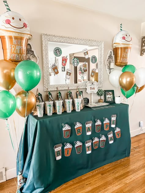 Star Bucks Themed Party, Starbucks Birthday Party Ideas Diy, Starbucks Balloon Decorations, Starbucks Birthday Ideas, Kid Birthday Theme Ideas, Starbucks Bday Party Ideas, Starbucks Party Decorations, Starbucks Party Ideas, Starbucks Themed Birthday Party