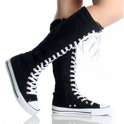 DW Canvas Sneakers Ladies Flat Tall Punk Womens Skate Shoes Lace up Knee High Boots Boots Converse, Knee High Sneakers, Sneakers Ladies, Kawaii Shoes, Shoes Lace, Girls Boots, Kawaii Clothes, Sneakers Boots, Canvas Sneakers