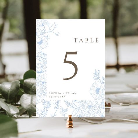 Floral Line Art French Blue Wedding Table Number Blue Wedding Table, French Blue Wedding, Floral Table Numbers, Rehearsal Dinner Decorations, Floral Line Art, Simple Wedding Decorations, Wedding Table Number Cards, Blue Themed Wedding, Wedding Table Number