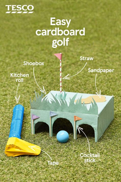 Turn a shoebox into hours of fun with this DIY target golf idea. A simple cardboard craft that will keep the kids entertained, whatever the weather. | Tesco Cardboard Mini Golf, Diy Golf Course, Diy Mini Golf Course Ideas, Golf Crafts For Kids, Diy Mini Golf, Golf Games For Kids, Target Golf, Family Olympics, Outdoor Games To Play