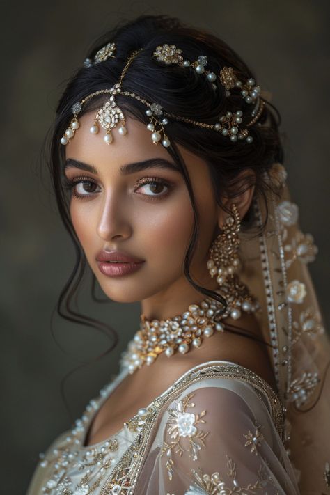 Beautiful Indian Hairstyles, Hairstyle For Bride Sister Indian, Indian Bride Pictures, Indian Wedding Bride Dress, Jasmine In Hair Indian, Indian Bride Hair Down, Simple Indian Bridal Makeup, Indian Wedding Headpiece, Engagement Hairstyle Indian