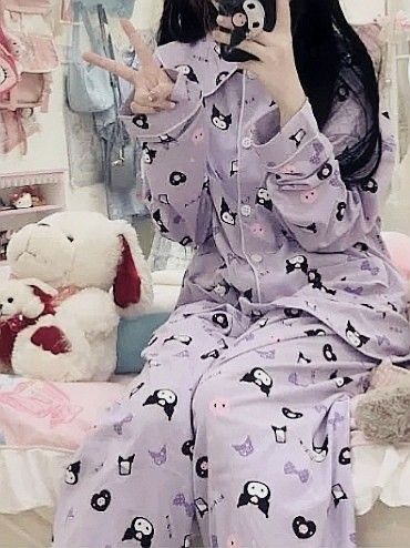 Cute Pjs Aesthetic, Kawaii Pjs, Kuromi Outfit, Kuromi Clothes, Sanrio Outfits, Sanrio Clothes, Kawaii Pajamas, Pajamas Aesthetic, Pijamas Women