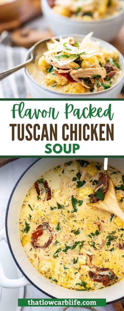 This creamy Tuscan chicken soup is made with shredded chicken, sun-dried tomatoes and tender veggies simmered in a creamy broth with spinach! This soup packs a flavor punch! Our Tuscan Chicken Soup is packing major flavor thanks to the sun-dried tomatoes! This rich, creamy soup is perfect for a chilly night and is ready in less than 45 minutes. So much flavor in so little time! Tomato Soup With Chicken Broth, Keto Tuscan Chicken Soup, Crockpot Tuscan Chicken Soup, Soup With Sundried Tomatoes, Tuscan Chicken Soup Crockpot, Tuscan Chicken Soup Recipes, Creamy Italian Chicken Soup, Chicken And Spinach Soup Recipes, Chicken Spinach Soup Recipes