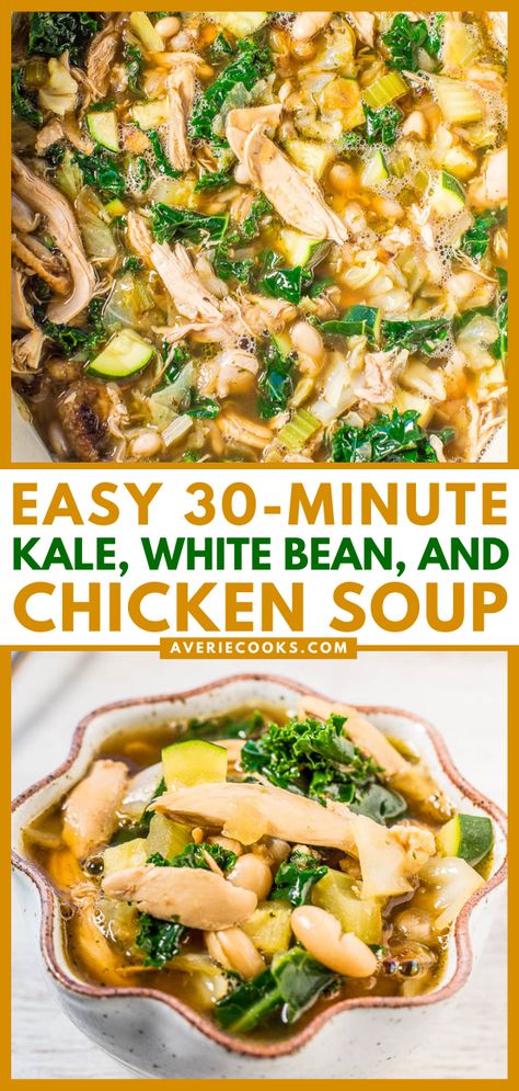 Chicken Kale White Bean Soup, Chicken Soup Recipes With Rotisserie, Clean Eating Rotisserie Chicken Recipes, Kale And Chicken Soup, Chicken Kale Soup Recipes, Chicken And Kale Recipes Dinners, Chicken Kale Recipes, Rotisserie Chicken Recipes Soup, Rotisserie Chicken Soup Recipes