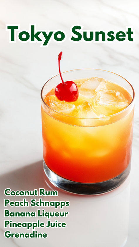 Tokyo Sunset Coconut Rum Cocktails, Tokyo Sunset, Banana Liqueur, Sunset Cocktail, Best Cocktail Recipes, Peach Schnapps, Rum Drinks, Mixed Drinks Recipes, Cocktail Drinks Recipes