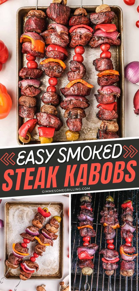 easy kebab recipes, smoked cooking Smoked Steak, Easy Smoker Recipes, Smoked Vegetables, Steak Kebabs, Traeger Grill Recipes, Smoked Recipes, Portabella Mushrooms, Grilling Kabobs, Steak Kabobs