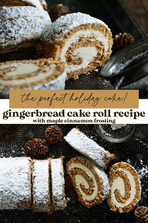 Yule Log Gingerbread, Gingerbread Swiss Roll Cake, Gingerbread Poke Cake Recipe, Jellyroll Cake Recipes, Gingerbread Roll Cake, Christmas Theme Cake Ideas, Gingerbread Cake Roll Recipe, Gingerbread Cake Roll, Christmas Gingerbread Cake