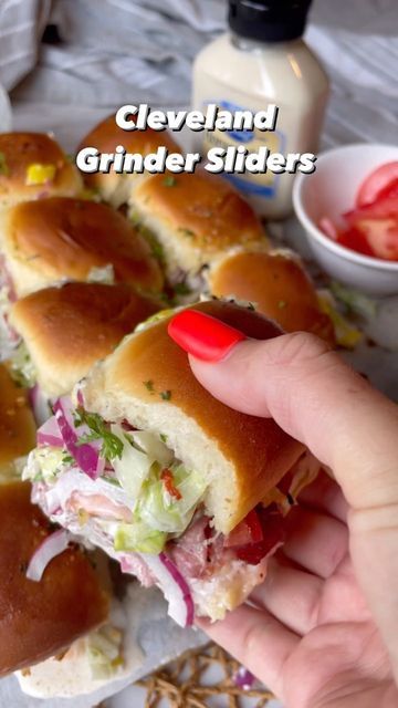 Nicki Mejia | Foodie on Instagram: "🍔CLEVELAND GRINDER SLIDERS 🍔 • The trick for making the best slider sandwiches are topping it with this absolutely delicious grinder salad made with a secret ingredient to give it an extra ZING! Find out what the secret ingredient to this grinder salad is in the recipe brought to you by @silver_spring_foods RECIPE BELOW ⬇️ • Cleveland Grinder Sliders👩🏽‍🍳 🍔Grinder salad: to a bowl add 1/2 cup mayo 1 tablespoon red wine vinegar 3 tablespoons parmesan grate Grinder Slider Sandwiches, Grinder Sliders Recipe, Italian Grinder Sliders, Grinder Sliders, Grinder Salad Sandwich, Grinder Sandwiches, Snack Meals, Owen Han, Cleveland Food