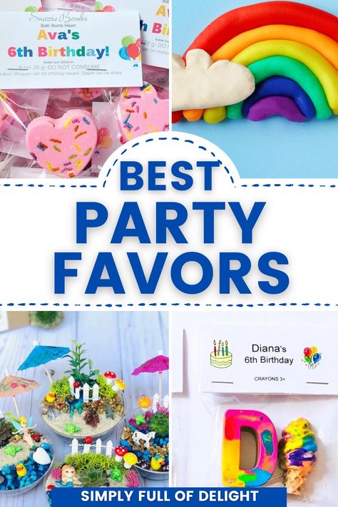 best ever birthday party favors - bath bombs, playdough, fairy gardens, crayons shaped like letters and ice cream Unique Party Favors For Kids, Birthday Goodie Bags For School, Loot Bag Ideas For Kids, Goodie Bags For Birthday Parties, Favor Bag Ideas, Goodie Bag Ideas For Kids, Goody Bag Ideas, Boys Birthday Party Favors, Preschool Birthday