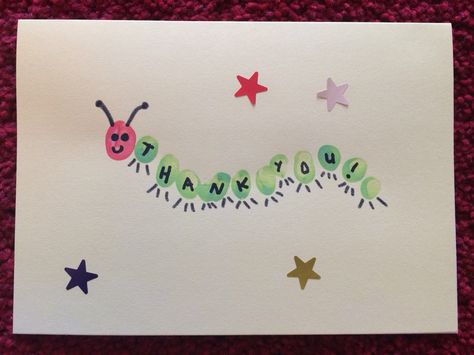 Thank you card for toddlers. Fingerprint caterpillar home made DIY card with stickers! Fingerprint Caterpillar, Thank You Cards From Kids, Teachers Day Card, Teacher Craft, Teacher Appreciation Cards, Teacher Thank You Cards, Handmade Thank You Cards, Presents For Teachers, Thank You Teacher Gifts