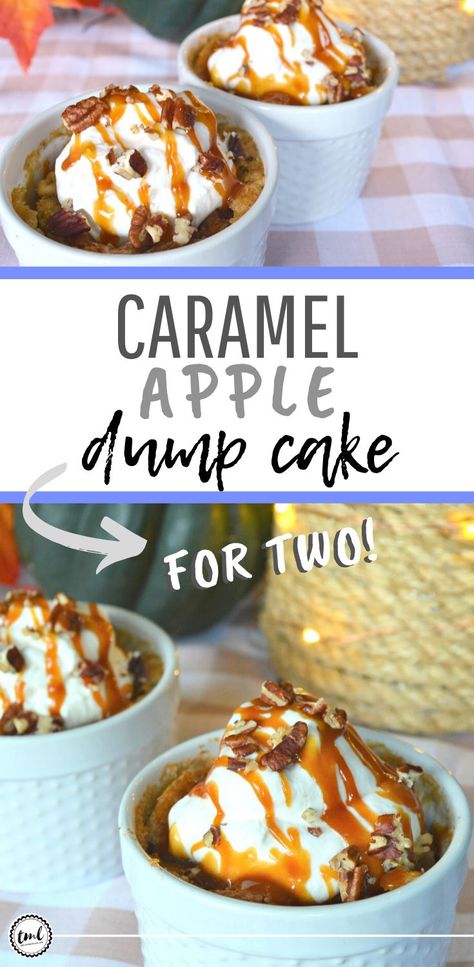 Caramel Apple Dump Cake For Two | It's like apple pie, but better, because you only need a few simple ingredients and it only takes a fraction of the time to make. It's the perfect date night dessert for two, or to treat yourself (without having to bake an entire pie) | A recipe to enjoy beyond the holidays, but also the perfect recipe in a pinch | #caramelapple #sweettooth #dumpcake #dessertrecipes #appledessert | theMRSingLink Romantic Fall Dinner Recipes, Dessert Recipes For Date Night, Desert For 2 People, Single Apple Dessert, Apple Dessert For Two, Apple Cake For Two, Thanksgiving Dessert For Two, Apple Dessert For One, Dessert Recipes For 2 People