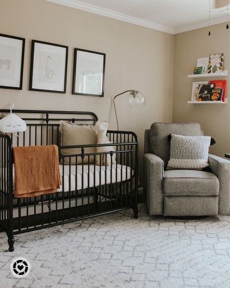 Wood And Black Nursery, Gender Neutral Nursery With Black Crib, Nurseries With Black Cribs, Beige And Black Nursery, Black Iron Crib Nursery, Black Metal Crib Nursery, Nursery Black Crib, Nursery With Black Crib, Iron Crib Nursery