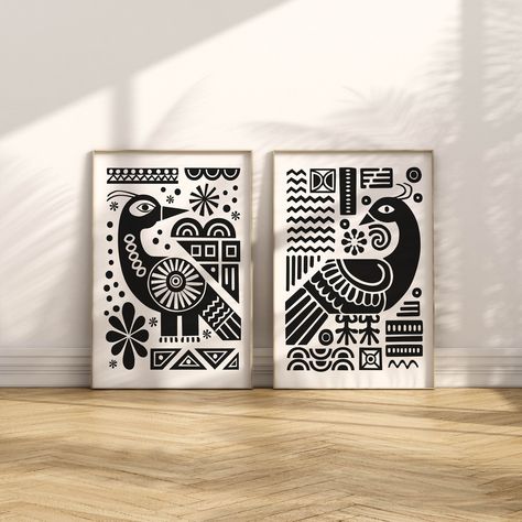 A Gorgeous Set of 2 Black and White Boho Retro Scandinavian Abstract Bird Prints. These designs would look good in any location in the home especially in a Modern Living Room or in a Creative Office or Living Room. ►How to Order this Set of 2 High-Quality Art Prints / Canvas Prints◄ 1. Simply select the size you require using the drop-down menu options on the top right. 2. Place your order. 3. Wait for them to arrive on your doorstep - Your prints will be shipped in a tough triangular poster tub Black And White Wall Art Printable, Folk Bird, Paint Patterns, Nordic Wall Art, Scandinavian Folk Art, Nordic Wall, Nordic Decor, Etsy Art Prints, Bird Art Print