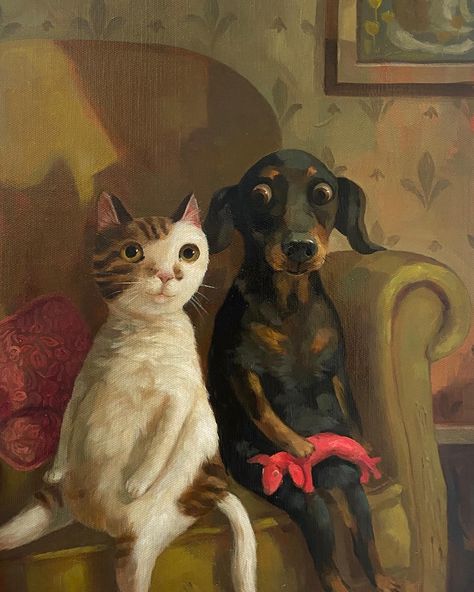 Dog And Cat, Dog Art, Cat Art, Dachshund, A Cat, Animal Art, Painter, Cute Animals, Wallpapers