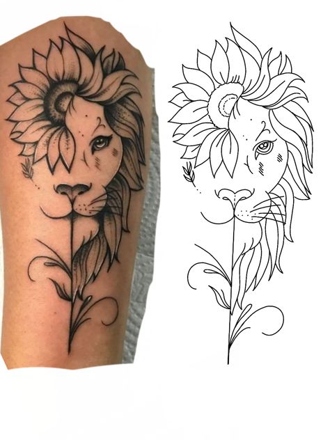 Lioness And Sunflower Tattoo, Half Lioness Half Flower Tattoo, Small Lion Tattoo For Women Simple, Lion Leg Tattoo Female, Half Lion Half Flower Tattoo, Feminine Lion Tattoo For Women, Half Lion Tattoo, Kb Tattoo, Small Lion Tattoo For Women