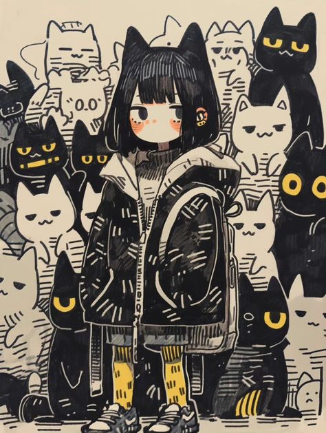 Black Cats, A Drawing, Black And White, Yellow, White, Black