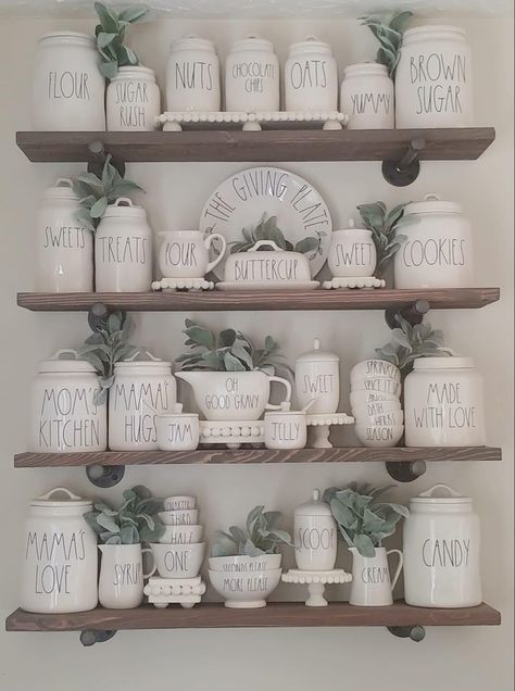 Diy Rae Dunn Decor, Ray Dunn Decor Kitchen, Rae Dunn Display Ideas, Rae Dunn Hutch Display, Rae Dunn Display, Farmhouse Shelves Decor, Hutch Display, Hutch Decor, Rustic Kitchen Cabinets