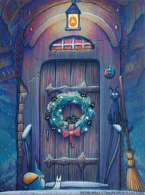 http://nokeek.deviantart.com/art/Ghibli-Christmas-door-572158450 Ghibli Christmas, Castle Christmas, Howl And Sophie, Xmas Wallpaper, Ghibli Artwork, Studio Ghibli Art, Ghibli Movies, Ghibli Art, Winter Wallpaper