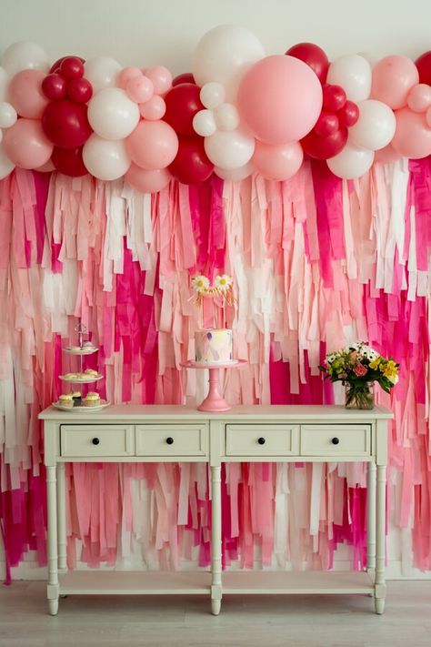 Pink Streamer Backdrop, Shades Of Pink Birthday Party, Pink Party Backdrop, Pink Adult Birthday Party, Backdrop Streamers, Threenager Party, Pink Photo Backdrop, Tassel Backdrop, Backdrop Fringe