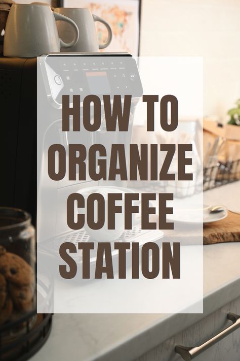 Are you looking for tips on how to organize your coffee station? Check out my creative coffee station organizer ideas! From coffee bar organizer hacks to chic storage solutions for your coffee station at home, my post has it all!  Say goodbye to clutter and hello to a coffee station you'll love. Read my post, Creative Coffee Station Organizer Ideas, for my top tips and tricks! How To Set Up A Coffee Bar For A Party, Coffee Bar Filter Storage, Coffee Area Ideas Kitchen Counter, Organized Coffee Bar, Coffee Maker Placement In Kitchen, Coffee Lazy Susan Ideas, Coffee Nook Decor Ideas, Coffee Supplies Organization, Home Coffee Stations Counter Space