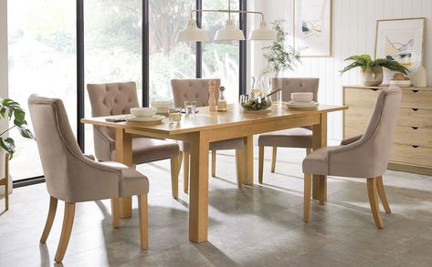 Hamilton 150-200cm Oak Extending Dining Table with 4 Duke Mink Velvet Chairs White Dining Set, Chrome Dining Table, Oak Extending Dining Table, Blue Velvet Chairs, Brown Leather Chairs, Fabric Chairs, White Dining Table, Clean Sofa, Extending Dining Table