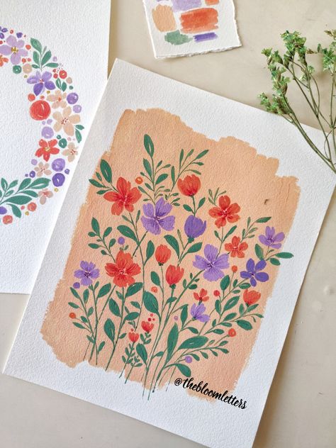 Aesthetic Floral Painting Easy, Floral Simple Painting, Gouache Art Flowers, Gouache Flowers Easy, Watercolor Floral Composition, Gouche Painting Ideas Easy Flowers, Floral Composition Painting, Floral Gouache Painting, Gouache Ideas Easy