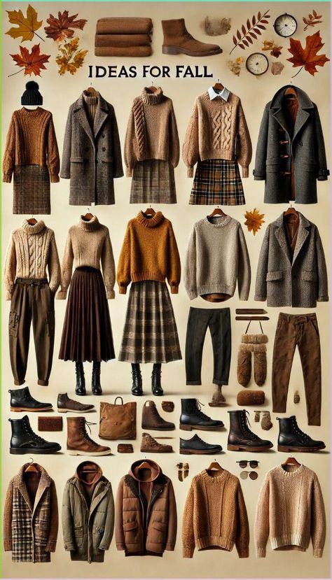 The image features a collection of cozy and stylish outfits for both men and women. For women, there are outfits like a chunky knit sweater paired with a plaid skirt and ankle boots, a long coat layered over a turtleneck with high-waisted jeans, and a scarf draped over a sweater dress with knee-high boots. For men, the outfits include a wool sweater paired with dark jeans and leather boots, a flannel shirt under a quilted vest with chinos, and a tailored overcoat layered over a hoodie with casual pants. The color palette includes warm autumn tones such as burgundy, mustard, olive green, and deep browns. Accessories include beanies, scarves, and leather gloves. The background features subtle fall-themed elements like autumn leaves or a cozy indoor setting with soft lighting.