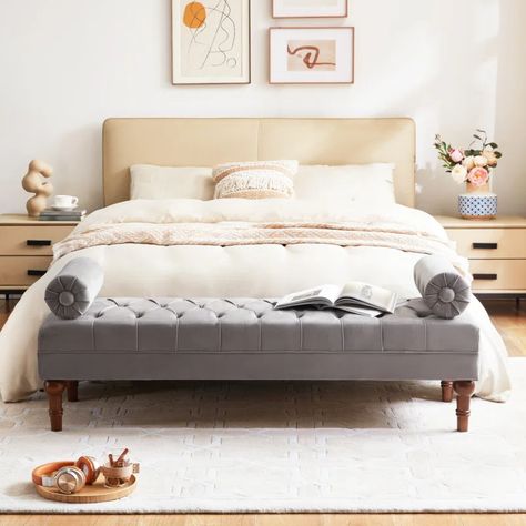 House of Hampton® Gerfen Upholstered Bench & Reviews | Wayfair Bench At End Of King Bed Storage, King Bed Ottoman Bench, Bench In Frony Of Bed, End Of Bed Ottoman, Gray Tufted Platform Bed, Tuffed Bed Bench, Large Storage Bench, Upholstered Entryway Bench, Bed Ottoman Bench