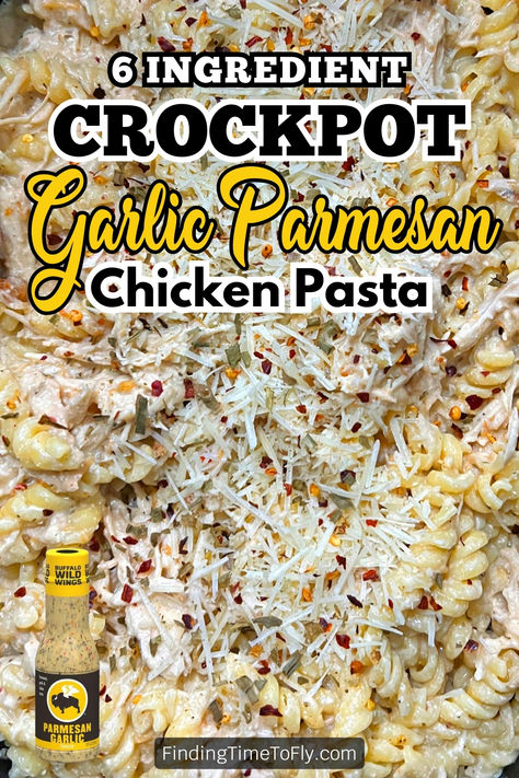 This Crockpot Garlic Parmesan Chicken Pasta is a hearty slow cooker dish that's perfect when you need an easy dinner recipe. Creamy Buffalo Wild Wings Parmesan Garlic Sauce is the secret ingredient. It's a quick and easy dinner idea packed with bold flavor. Made with only 6 ingredients! Parmesan Garlic Wing Sauce Crockpot, Buffalo Wild Wing Chicken Crockpot, Slow Cooker Garlic Parmesan Chicken Pasta, Bww Garlic Parm Chicken Pasta Crockpot, Buffalo Wild Wing Garlic Parmesan Pasta, Garlic Parm Pasta Crockpot, Buffalo Wings Parmesan Garlic Pasta, Buffalo Wild Wings Garlic Parmesan Recipe, Chicken Pasta Sauce Crockpot