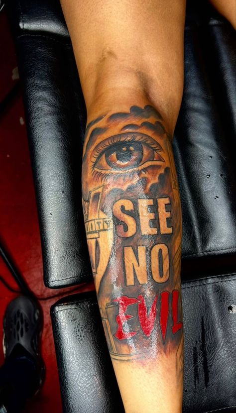 Left Bicep Tattoos Men, Good Vs Evil Tattoo For Men, See No Evil Tattoo, No Evil Tattoo, Bicep Tattoos, Evil Tattoo, Sleeve Tattoos For Guys, Half Sleeve Tattoos For Guys, Bicep Tattoo