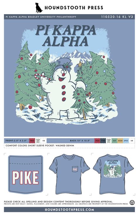 #sorority #fraternity #greeklife #pike #christmas #snowman #tshirt #crewneck #customdesign #lovethelab // Houndstooth Press Custom Apparel Fraternity Christmas Shirts, Christmas Sorority Shirts, Bradley University, Fraternity House, Pi Kappa Alpha, Christmas Post, Sorority Shirts, Greek Life, Fraternity