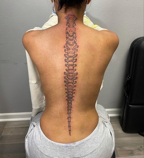 Snack Spine Tattoo, Tattoo Of Spine On Spine, Spine Bone Tattoos For Women, Spine Tattoos Of Spine Bone, Spine Tattoos Skeleton, Back Bone Tattoo For Women, Vertebrae Tattoo On Spine, Spine Vertebrae Tattoo, Skeletal Spine Tattoo